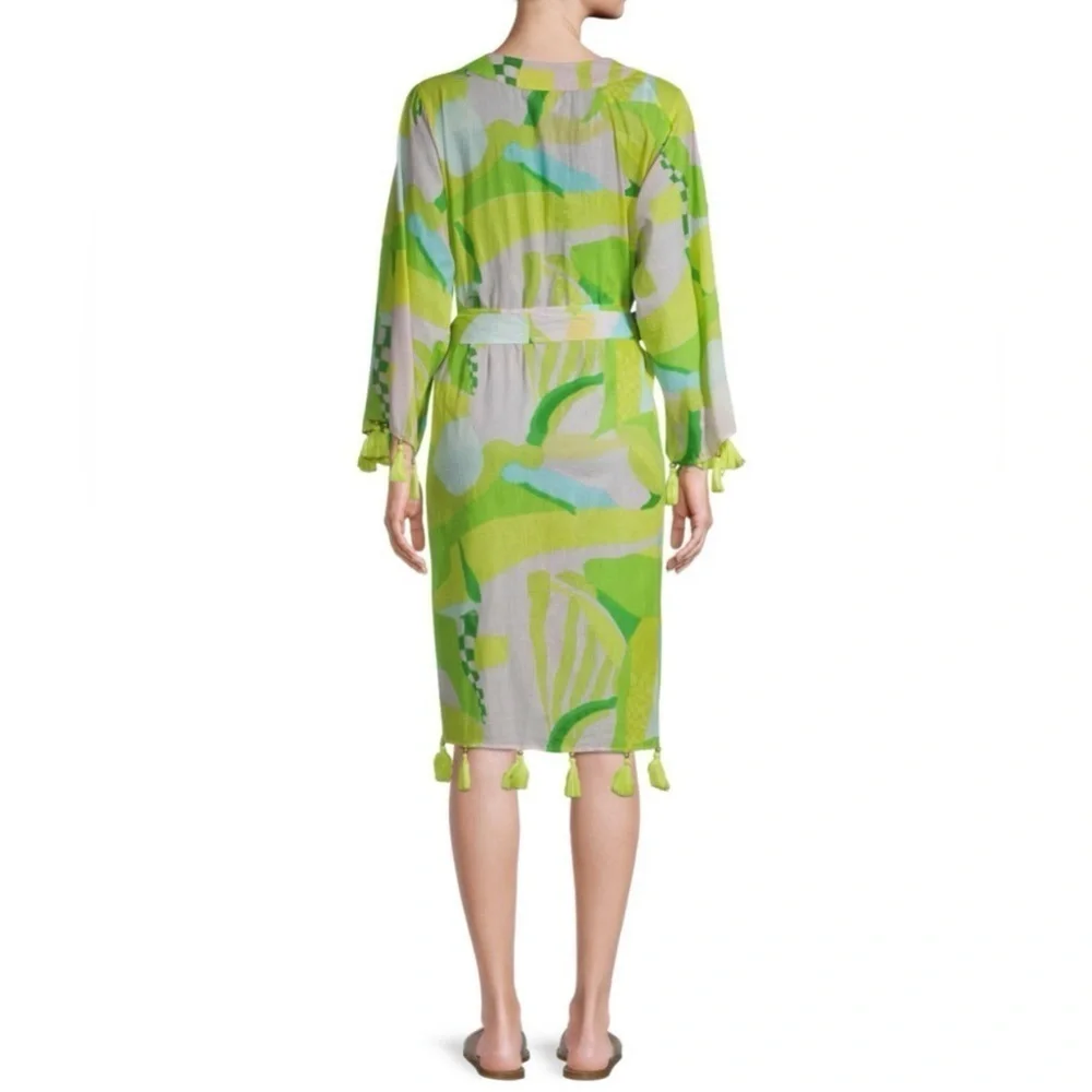 True Destinations 100% Cotton Bright Printed Tassel Trim Cover Up Robe Belt Sz L